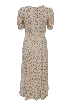 Cream floral print puff sleeve sweetheart midi A-line dress