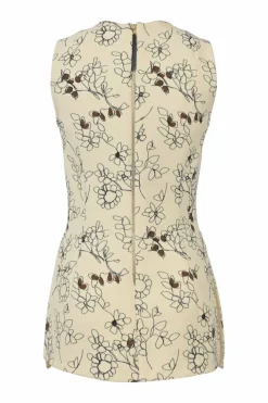 Cream floral-embroidered wool bouclé tweed V-neck peplum blouse