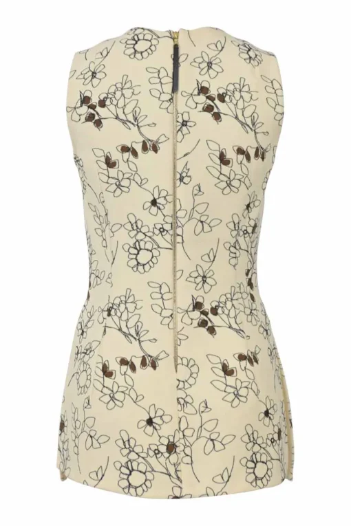 Cream floral-embroidered wool bouclé tweed V-neck peplum blouse