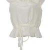 Cream lace-trimmed BCI cotton-blend The Victorian flutter sleeve peplum blouse with drawstring waist