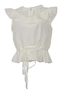 Cream lace-trimmed BCI cotton-blend The Victorian flutter sleeve peplum blouse with drawstring waist