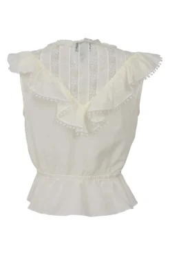Cream lace-trimmed BCI cotton-blend The Victorian flutter sleeve peplum blouse with drawstring waist