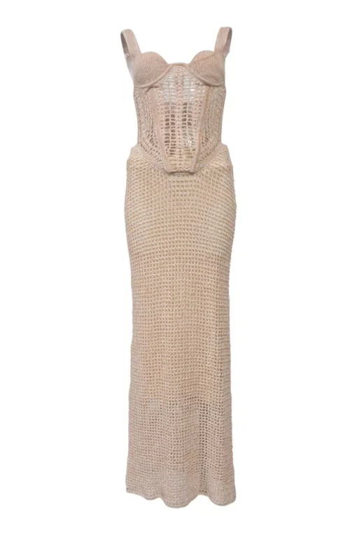 Cream marled crochet double-cup corset bustier gown