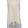 Cream mulberry silk Mandarin collar sleeveless dress with lace bib and embroidered skirt