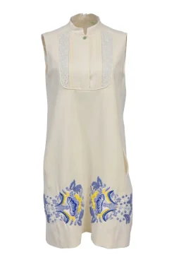 Cream mulberry silk Mandarin collar sleeveless dress with lace bib and embroidered skirt