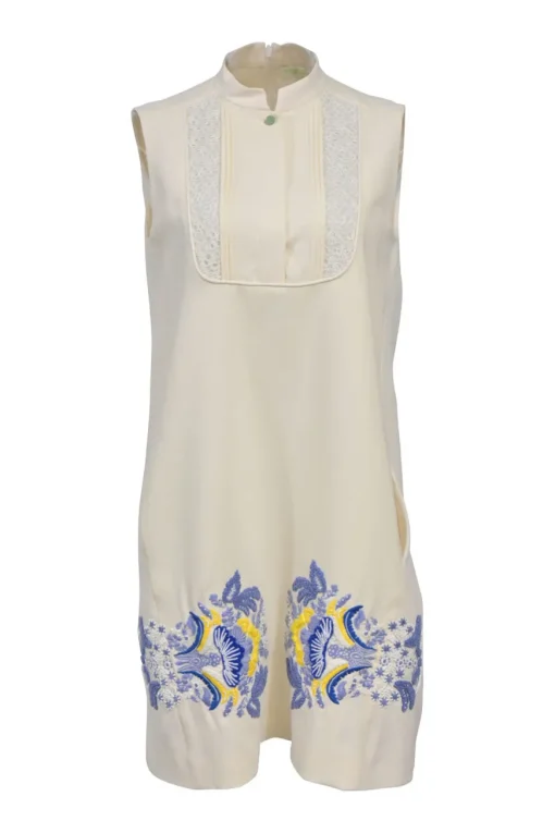 Cream mulberry silk Mandarin collar sleeveless dress with lace bib and embroidered skirt