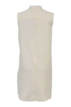 Cream mulberry silk Mandarin collar sleeveless dress with lace bib and embroidered skirt