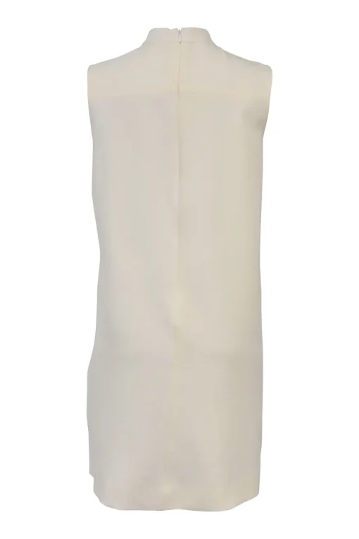Cream mulberry silk Mandarin collar sleeveless dress with lace bib and embroidered skirt