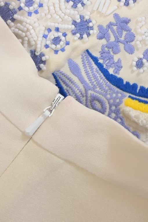 Cream mulberry silk Mandarin collar sleeveless dress with lace bib and embroidered skirt