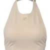 Cream polyamide-blend halter-neck crop top featuring logo broderie motif at centre front with snap closure