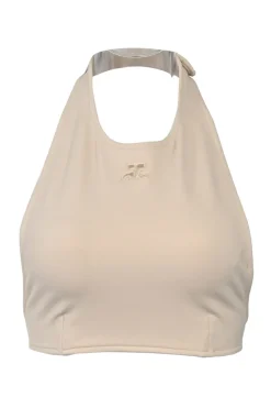 Cream polyamide-blend halter-neck crop top featuring logo broderie motif at centre front with snap closure