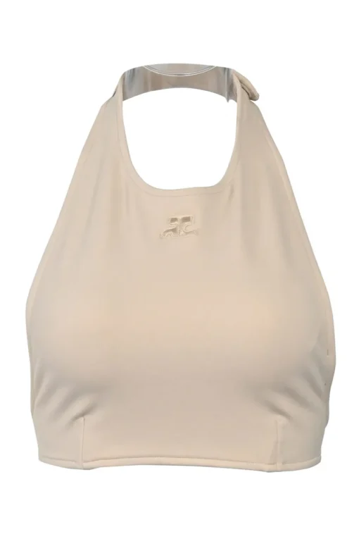 Cream polyamide-blend halter-neck crop top featuring logo broderie motif at centre front with snap closure