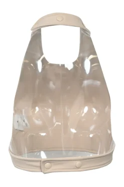 Cream polyamide-blend halter-neck crop top featuring logo broderie motif at centre front with snap closure