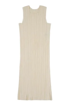 Cream polyester square neckline pullover plissé tank dress