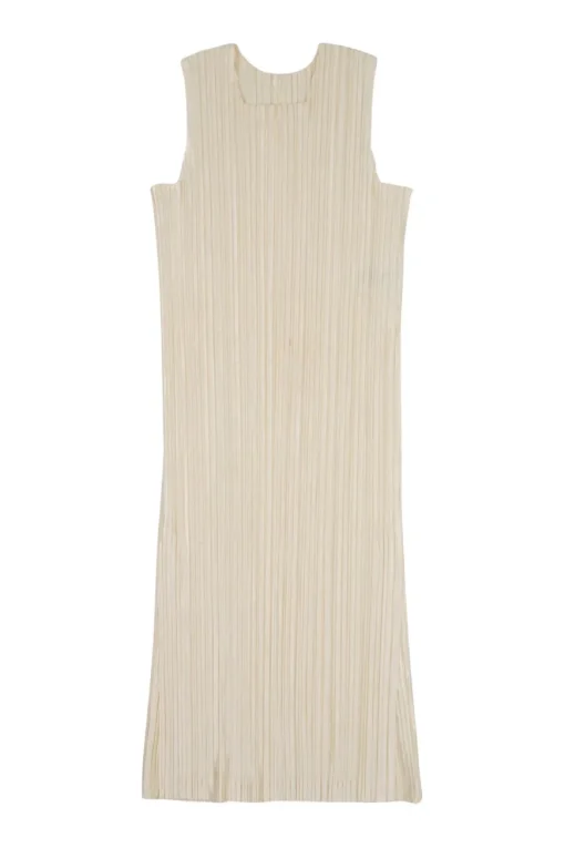 Cream polyester square neckline pullover plissé tank dress