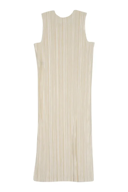 Cream polyester square neckline pullover plissé tank dress