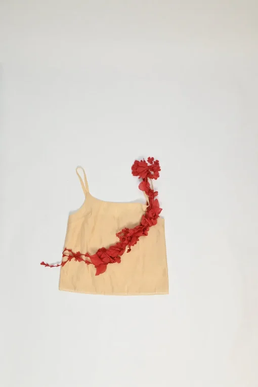 Cream polyester-blend feather jacquard camisole with detachable metallic floral brooch