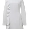 Cream polyester-blend long sleeve mini dress with tonal ruffle princess seam appliqué
