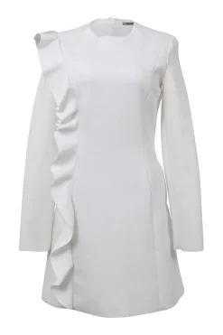 Cream polyester-blend long sleeve mini dress with tonal ruffle princess seam appliqué