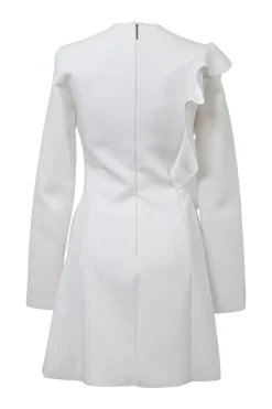 Cream polyester-blend long sleeve mini dress with tonal ruffle princess seam appliqué