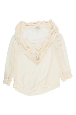 Cream semi-sheer silk cowl-neck tunic top with tonal frill trim