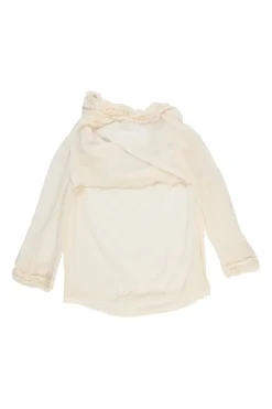 Cream semi-sheer silk cowl-neck tunic top with tonal frill trim