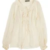 Cream semi-sheer silk ruffle jabot swing-style floaty blouse with flounce cuffs