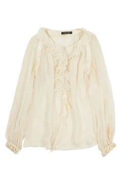 Cream semi-sheer silk ruffle jabot swing-style floaty blouse with flounce cuffs