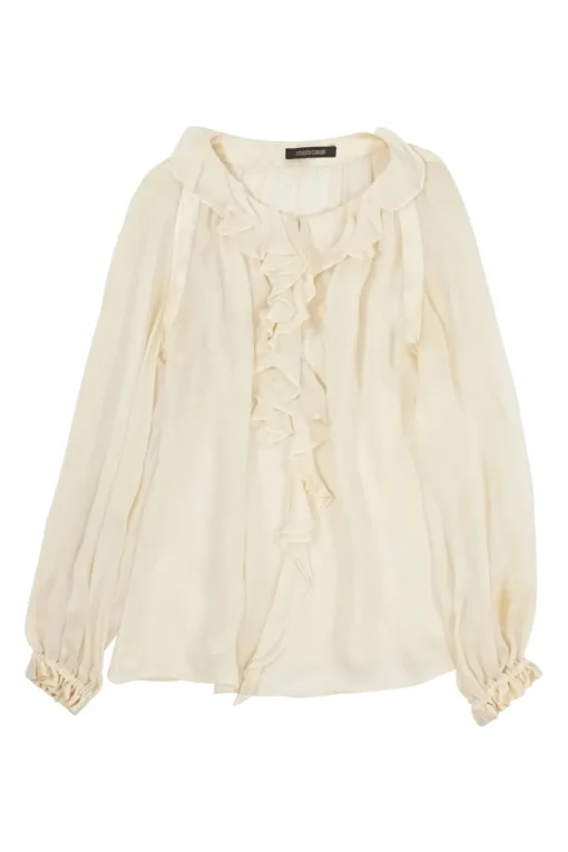 Cream semi-sheer silk ruffle jabot swing-style floaty blouse with flounce cuffs