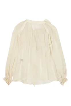 Cream semi-sheer silk ruffle jabot swing-style floaty blouse with flounce cuffs