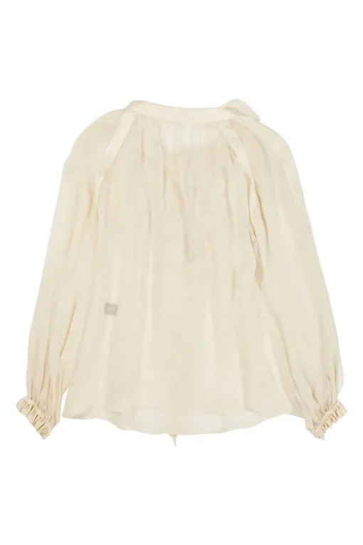 Cream semi-sheer silk ruffle jabot swing-style floaty blouse with flounce cuffs