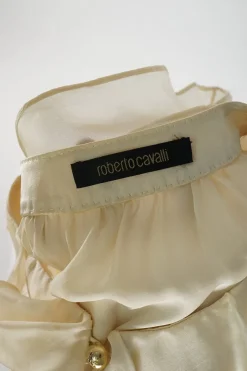 Cream semi-sheer silk ruffle jabot swing-style floaty blouse with flounce cuffs