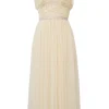 Cream sequined polyester plumetis tulle plunge neck ruffle bustier A-line dress