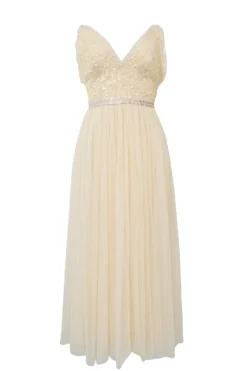 Cream sequined polyester plumetis tulle plunge neck ruffle bustier A-line dress
