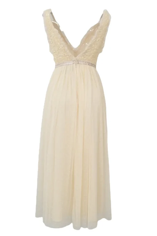 Cream sequined polyester plumetis tulle plunge neck ruffle bustier A-line dress