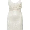 Cream sequin-embellished silk georgette bustier slip dress with tonal lace inserts