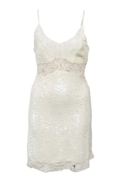 Cream sequin-embellished silk georgette bustier slip dress with tonal lace inserts