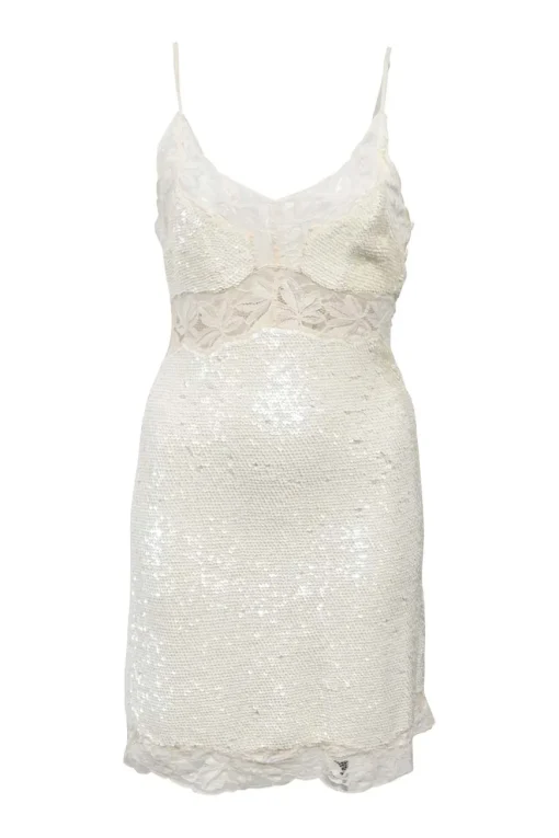 Cream sequin-embellished silk georgette bustier slip dress with tonal lace inserts