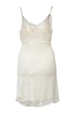 Cream sequin-embellished silk georgette bustier slip dress with tonal lace inserts