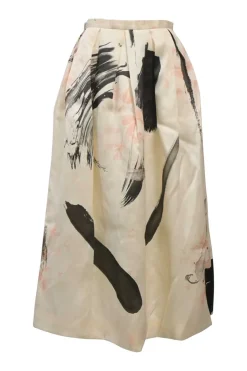 Cream silk abstract print pull-on A-line circle skirt