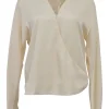 Cream silk plunge neck wrap-effect long sleeve blouse