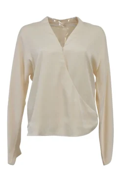 Cream silk plunge neck wrap-effect long sleeve blouse