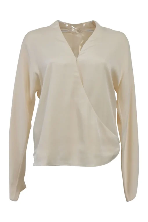 Cream silk plunge neck wrap-effect long sleeve blouse
