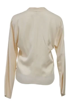 Cream silk plunge neck wrap-effect long sleeve blouse