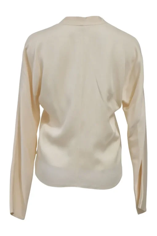 Cream silk plunge neck wrap-effect long sleeve blouse