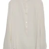 Cream silk pullover half-button band collar tunic top with blouson sleeves