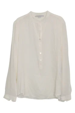 Cream silk pullover half-button band collar tunic top with blouson sleeves