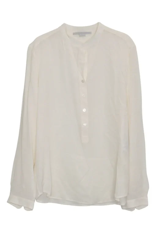 Cream silk pullover half-button band collar tunic top with blouson sleeves