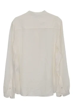 Cream silk pullover half-button band collar tunic top with blouson sleeves