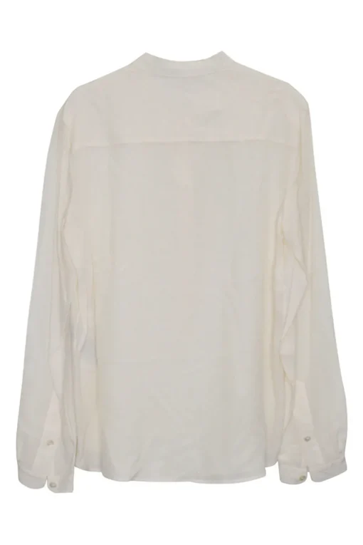 Cream silk pullover half-button band collar tunic top with blouson sleeves